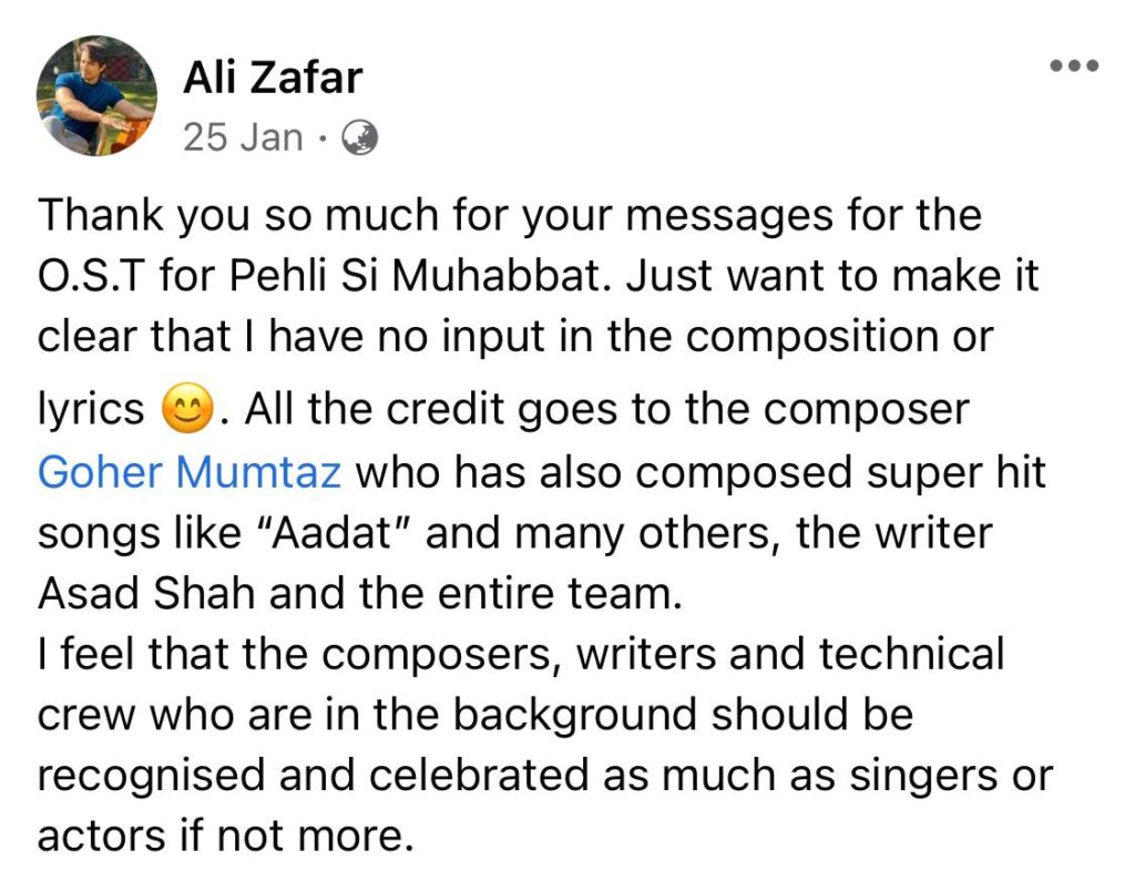 Ali Zafar giving credit to composer of Pehli Si Mohabbat 